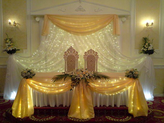 Украшение зала на свадьбу тканью. драпировка тканью отдельных зон.